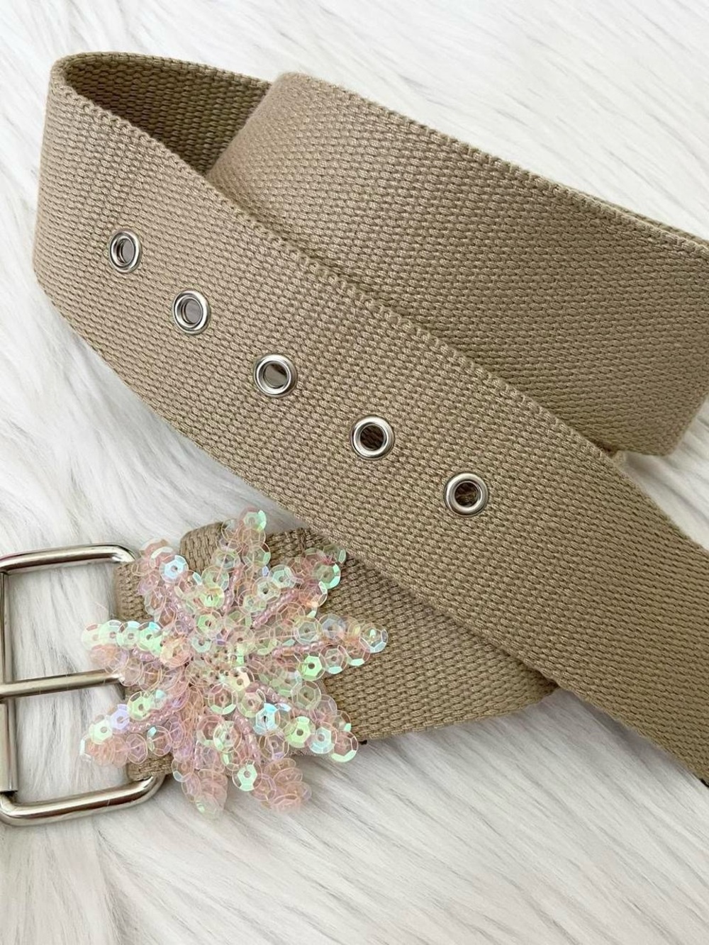 Mudd Beige Canvas Belt with Iridescent Sequin Flower